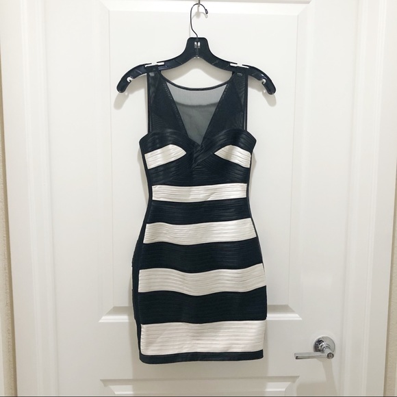 BCBGMaxAzria Illusion Neck Striped Cocktail Dress - Picture 3 of 5